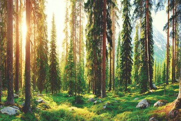 Sunlight streams through a dense pine forest, illuminating a mossy glade