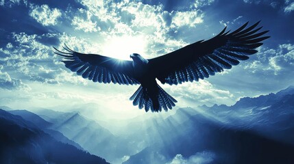 Majestic eagle soars high above misty mountains in a dreamy blue sky landscape nature flight freedom
