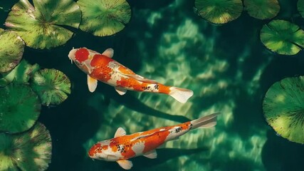 Two koi fish swim in the lotus pond with green leaves and water ripples in the background The camera captures the entire scene from above presenting a high-definition photography style - Powered by Adobe