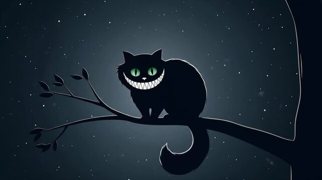 Cheshire Cat Sits, Grinning, in a Magical Night Scene, illustrated with fantasy elements and whimsical design.