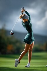 Female golfer mid-swing to hit a golf ball in a golf field