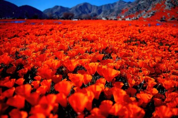 A vibrant sea of California poppies.  A vast field of fiery orange-red flowers stretches to a backdrop of mountains