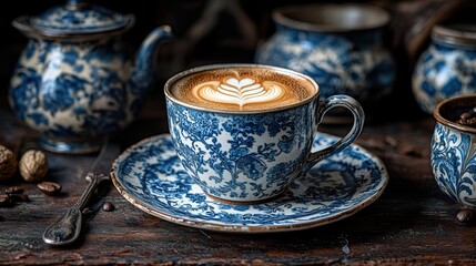 Elegant cup of coffee with floral latte art on wooden table antique blue and white china set mood