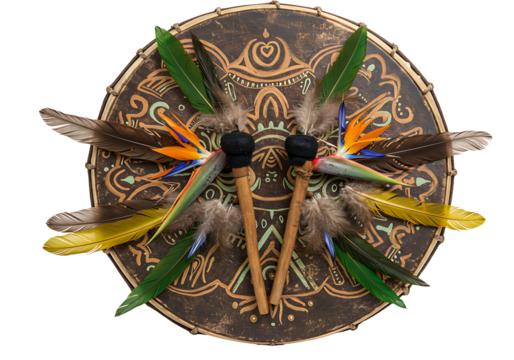 An ornate drum with mallets and feathers arranged on a black background