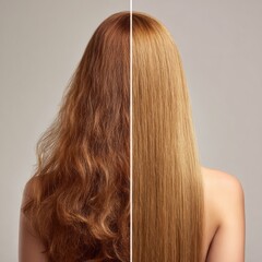 Before and after hair transformation showcases stunning golden sleekness and natural auburn beauty contrast in studio setting