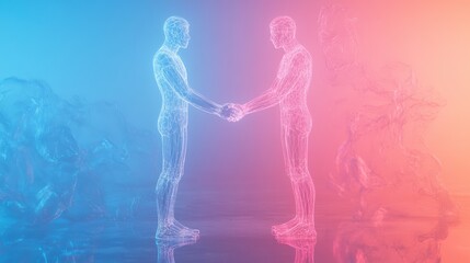 Abstract figures handshake rendering unity blue and pink background digital art networking agreement cooperation partnership