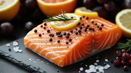 Raw salmon fillet with lemon slice peppercorn rosemary and cranberries on slate plate food concept