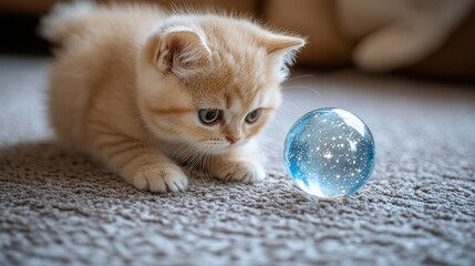 Enchanting Playtime Curious Kitten Discovering Blue Galaxy Marble on Soft Gray Carpet Interior Joyful Innocence