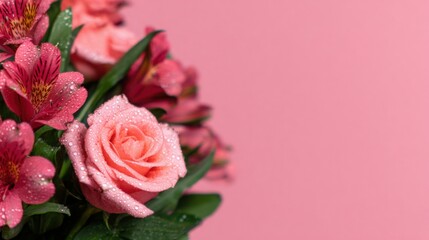 A bouquet of pink roses with dew drops on them