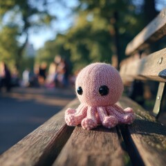 Cute Knitted Octopus Plush Toy Resting on Wooden Park Bench Bathed in Afternoon Sunlight in Urban Setting
