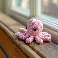 Charming pink crochet octopus plush resting on wooden sill near window evokes playful soft mood