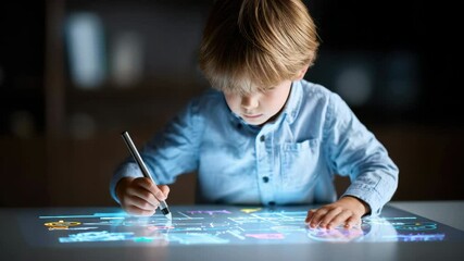 Young boy child kid using digital pen on interactive touchscreen table, exploring futuristic technology and learning with creativity, illuminated by glowing holographic graphics in dark room - Powered by Adobe
