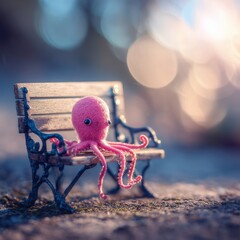 Enchanting pink octopus doll perched pensively on miniature park bench bathed in gentle sunlight