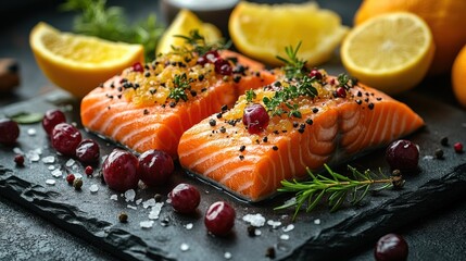 Gourmet Salmon Fillets with Citrus Herbs Cranberries and Spices on Dark Slate Stone for Culinary Photography