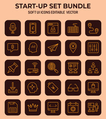 Collection of modern outlined icons representing various startup and business concepts, set against a soft peach