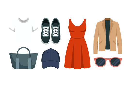 Clothing and accessories icon set, dress, jacket, shoes, bag, hat, sunglasses, modern vector, fashion essentials