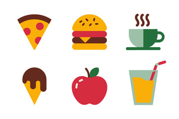 Fast food and dessert icon collection, pizza, burger, ice cream, apple, coffee, juice, modern vector, snack illustration