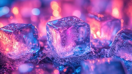 Macro Ice Cubes Illuminated with Vibrant Colorful Lights on Dark Surface in a Cool Tone Setting