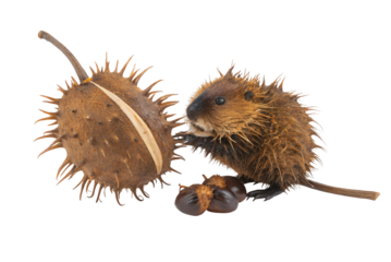 Adorable hedgehog exploring a spiky chestnut shell with endearing curiosity and fluffy cuteness