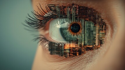 Close Up of a Human Eye with Circuit Board Overlay, Technological and Futuristic Theme