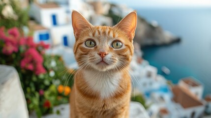 Charming ginger cat portrait with sea and white houses in the background and vibrant flowers