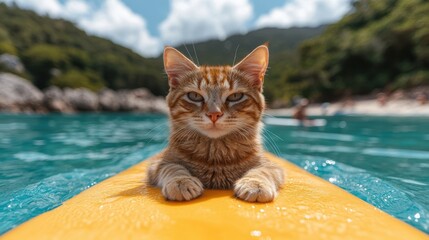 Relaxed orange tabby cat enjoys summer vacation on a yellow surfboard with clear blue ocean water