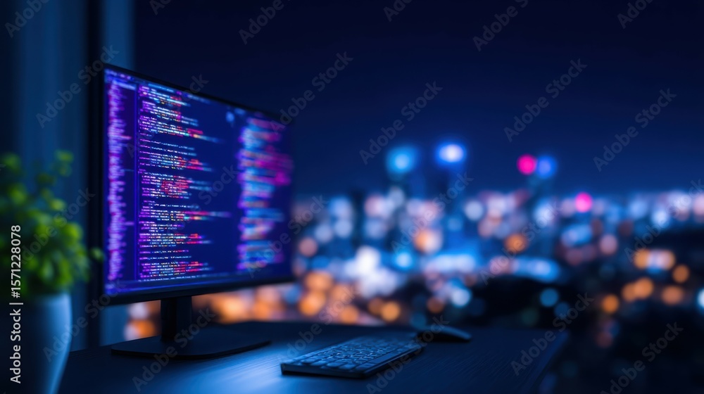 Poster a computer monitor displays a city skyline in the background