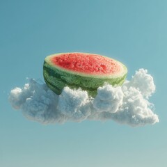 Dreamy Watermelon Resting on Fluffy Cloud Summer Fruit against Light Blue Sky Whimsical Still Life