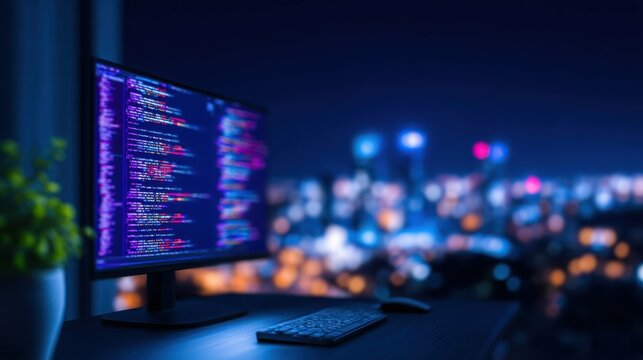 A computer monitor displays a city skyline in the background