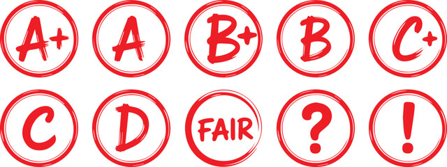 Fototapeta premium Red Grading Symbols and Academic Score Icons in Circle Set vector