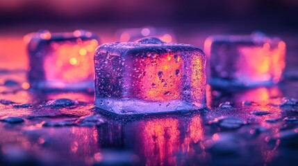 Vibrant Ice Cubes Reflecting Neon Lights in Macro Photography Ethereal Frozen Water with Vivid Color Gradient Background