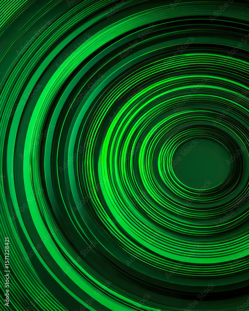 Poster abstract green spiral pattern with concentric circles and dynamic lighting effects