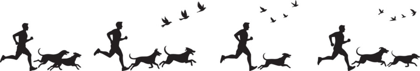 Man Running with Dogs and Birds Silhouette Scene vector