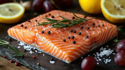Vibrant raw salmon steak adorned with aromatic rosemary, black peppercorns, salt on slate with lemon grapes garlic food photography
