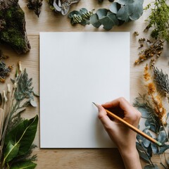 Hand with pencil drawing on paper surrounded by plants and wood on a wooden background top view