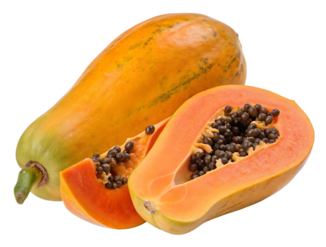 Fresh whole and sliced papaya with seeds highlighting tropical fruit for vibrant healthy eating