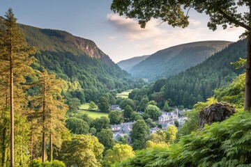 Valley vista at sunset. Lush green valley, nestled between mountains