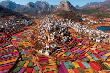 Vibrant patchwork fields surround a village nestled in a valley