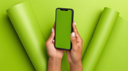 Top view of hands holding smartphone with green screen on vibrant green background with paper rolls - Powered by Adobe