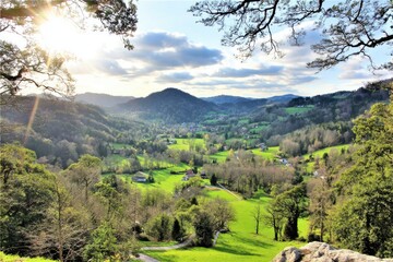 Panoramic valley view, sunlit landscape