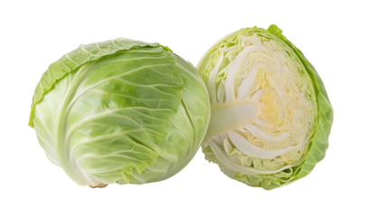 Fresh green cabbage whole and halved with leafy texture for healthy vegetable nutrition recipes