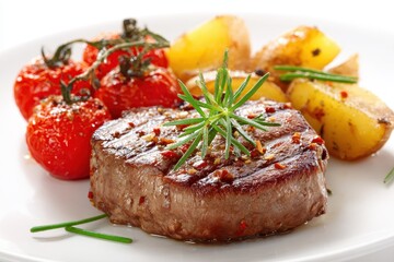 Grilled beef fillet served on a white plate with tomatoes potatoes and chives against a white backdrop