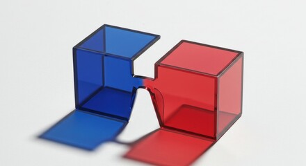 Obraz premium Two translucent, colored cubes, positioned to form an H shape, with shadows cast on a white background