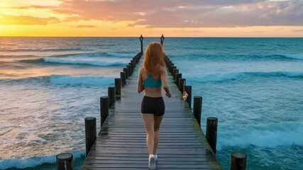 Beautiful woman jogging on a wooden pier enjoying ocean views during a vibrant sunrise at the beach. - Powered by Adobe
