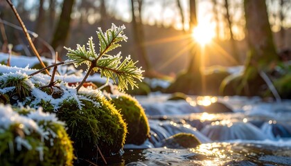 Winter Brook with Ice Crystals and Golden Sunlight in Forest