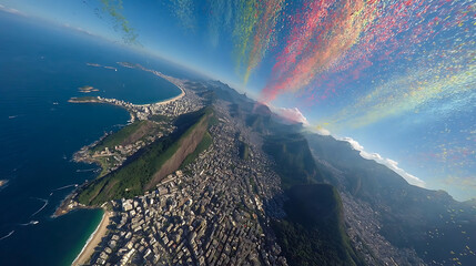 Aerial view of rio de janeiro brazil cityscape beaches mountains and colorful sky celebration event