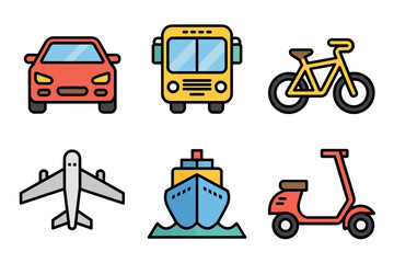 Transportation icon set, car, bus, bicycle, airplane, ship, scooter, modern vector, travel and transport illustration