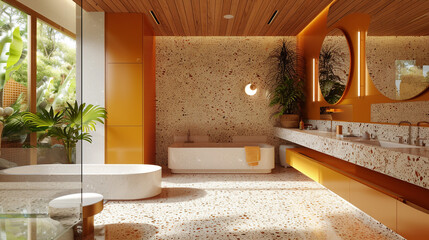 Mid-century bathroom with terrazzo surfaces, mustard cabinetry, and wood panel detailing.