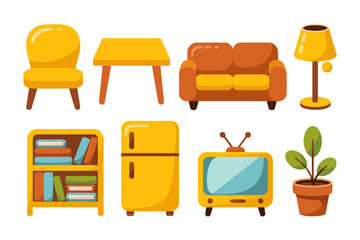 Home furniture icon set, sofa, chair, table, lamp, fridge, TV, plant, modern vector, living room essentials