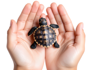 Fingers Gently Holding Baby Turtle Isolated on Transparent Background PNG